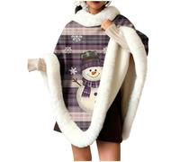 Womens Christmas Printed Plush Warm Homewear Cape Shawl with Extra Thick Furry Collar, Ideal for Winter Holidays, Xmas Parties & Gifting, Soft Fleece Outerwear with Stylish Faux Fur Trim