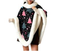 Womens Christmas Printed Plush Warm Homewear Cape Shawl with Extra Thick Furry Collar, Ideal for Winter Holidays, Xmas Parties & Gifting, Soft Fleece Outerwear with Stylish Faux Fur Trim