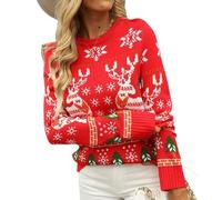 Women's Christmas Pullover Cozy Winter Knitted Sweater Snowflake Reindeer Motif Soft Long-Sleeve Crew Neck Design Casual Warm Top Xmas Pullover Norwegian Sweaters Christmas S-XL (Red, M)