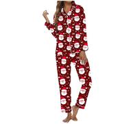Women's Christmas Pyjama Set with Santa Print Practical Button Placket for Cosy Holiday Nights at Home as Comfortable Pyjamas with Long Sleeves Matching Trousers, Wine Red, M