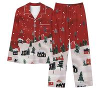 Women's Christmas Pyjama Sets Xams Pjs Long Sleeve Pyjamas Set Soft Button Down Sleepwear 2 Piece Loungewear Ladies Snowflake Snowman Xmas Tree Print Nightwear Cute Animals Cat Pajamas Ladies