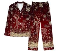 Women's Christmas Pyjama Sets Xams Pjs Long Sleeve Pyjamas Set Soft Button Down Sleepwear 2 Piece Loungewear Ladies Snowflake Snowman Xmas Tree Print Nightwear Cute Animals Cat Pajamas Ladies