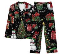 Women's Christmas Pyjama Sets Xams Pjs Long Sleeve Pyjamas Set Soft Button Down Sleepwear 2 Piece Loungewear Ladies Snowflake Snowman Xmas Tree Print Nightwear Cute Animals Cat Pajamas Ladies