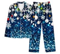 Women's Christmas Pyjama Sets Xams Pjs Long Sleeve Pyjamas Set Soft Button Down Sleepwear 2 Piece Loungewear Ladies Snowflake Snowman Xmas Tree Print Nightwear Cute Animals Cat Pajamas Ladies
