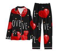 Womens Christmas Pyjamas Fluffy Nightwear Soft Top Women's Valentine's Day Love Letter Printing Fashion Casual Button Pocket Long Sleeved Pants Set Womens Soft Cotton Pajama Bottoms (Dark Gray, L)