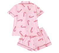 Women's Christmas Pyjamas Set Short Sleeve Button Down Nightwear, Pink Candy Cane Print Ladies PJs Shorts Set, Soft Silky Satin Feel Loungewear, Festive Xmas Holiday for Her (A06-Red, M)