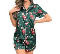 Womens Christmas Pyjamas Set Silk Satin Short Sleeve Shirt Shorts Two-Piece Pj Sets Xmas 2 Piece Holiday Pj Loungewear Sleepwear (A-Green, M)