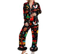 Women's Christmas Pyjamas with Colourful Motif Mix - Two Piece Pyjamas for the Holidays Cosy Leisure Suit with Festive All-Over Print, style_i01 black, S