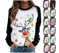 Women's Christmas Reindeer Jumper UK Sale Clearance, Novelty Funny Sweatshirt Ladies Xmas Long Sleeve Sweater Crew Neck Pullover Patchwork Blouse Tunic Tops Casual Jumpers Ugly Christmas Sweaters