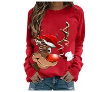 Womens Christmas Reindeer Print Sweatshirt Long Sleeve Casual Pullover Tops Festive Holiday Jumper Cute Xmas Graphic O Neck Loose Fit Blouse Soft Warm Winter Top Comfy Fashion Outfit For (Red, M)