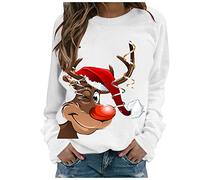 Womens Christmas Reindeer Print Sweatshirt Long Sleeve Casual Pullover Tops Festive Holiday Jumper Cute Xmas Graphic O Neck Loose Fit Blouse Soft Warm Winter Top Comfy Fashion Outfit For (White, XL)