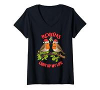Women's Christmas Robins Cute Bird Lover Present V-Neck T-Shirt