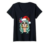 Womens Christmas Santa Woman Floral Lights Holiday Vibe Art V-Neck T-Shirt