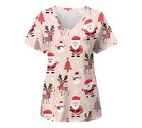 Women's Christmas Scrub Tops Casual V Neck Short Sleeve Scrubs Blouse Comfortable Nurse Uniforms Workwear Cute Santa Clus Snowman Print Working Tops Salons Beauty Tunic Healthcare Work Shirt