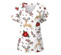Women's Christmas Scrubs Short Sleeve Nursing Work Tunics Christmas Santa Print for Career Day Christmas Scrub Tops Cute Printed Christmas Santa Claus Work Tunics Doctors Hospital Spa Nail Salons