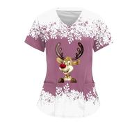 Women's Christmas Scrubs Short Sleeve V-Neck Work Tunics Wrap Mock Cute Santa Claus Printed Nurses Top Dog Grooming Scrubs Tops for Dental Carer Vet Beauty Care Uniform with Pockets Pink