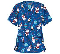 Womens Christmas Scrubs Tops V-Neck Ultra Soft Santa Claus Print Short Sleeve Scrubs_Shirts with Pockets Christmas Nurses Top Tunic Uniform Blouse (Dark Blue Penguin, L)