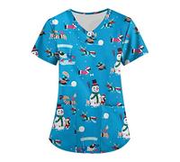 Women's Christmas Scrubs Wrap Mock Doctors Hospital Cat Grooming Uniform Work Tops Uniform Tunics Womens Scrub Top Beauty Salon Wrap Mock Christmas Work Tops Care Uniform Healthcare Tunics
