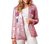 Women's Christmas Sequin Jacket Sparkly Long Sleeve Open Front Jacket Coat Y2k Party Glitter Jacket Blazer Clubwear (A-Pink, S)