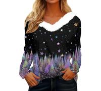 Women's Christmas Shirt with Magical Winter Forest - Long Sleeve Top with Plush Collar and Northern Lights Look Festive and Cuddly Shirt for the Advent Season, style_z01 purple, L