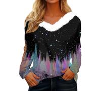 Women's Christmas Shirt with Magical Winter Forest - Long Sleeve Top with Plush Collar and Northern Lights Look Festive and Cuddly Shirt for the Advent Season, style_z03 multicolor, L
