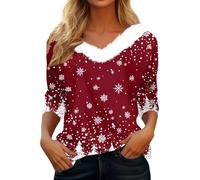 Women's Christmas Shirt with Soft Fur Trim on the Collar - Long Sleeve Top with Snowflake Pattern | Festive V-Neck Shirt for Winter Time, Style_h02 Red, XL