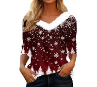 Women's Christmas Shirt with Soft Fur Trim on the Collar - Long Sleeve Top with Snowflake Pattern | Festive V-Neck Shirt for Winter Time, Style_h03 Wine Red, 3XL