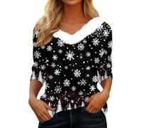 Women's Christmas Shirt with Soft Fur Trim on the Collar - Long Sleeve Top with Snowflake Pattern | Festive V-Neck Shirt for Winter Time, style_h04 black, L