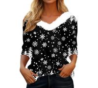 Women's Christmas Shirt with Soft Fur Trim on the Collar - Long Sleeve Top with Snowflake Pattern | Festive V-Neck Shirt for Winter Time, style_h01 black, L