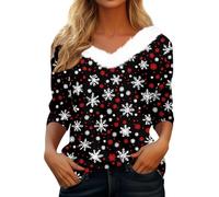 Women's Christmas Shirt with Soft Fur Trim on the Collar - Long Sleeve Top with Snowflake Pattern | Festive V-Neck Shirt for Winter Time, style_h05 black, XL