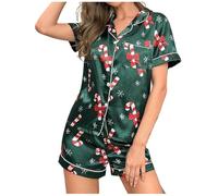 Womens Christmas Silk Satin Pyjamas Set Short Sleeve Sleepwear Two-Piece Pj Sets Xmas 2 Piece Holiday Pj Loungewear (Green, L)
