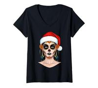 Womens Christmas Skull Art Girls Santa Hat Festive Design Mom V-Neck T-Shirt