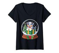 Womens Christmas Snow Globe Australian Shepherd X-Mas Aussie Dog V-Neck T-Shirt