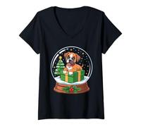 Womens Christmas Snow Globe Boxer Dog X-Mas Tree V-Neck T-Shirt