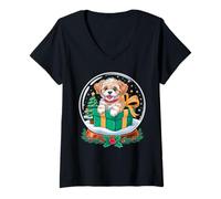 Womens Christmas Snow Globe Havanese X-Mas Tree V-Neck T-Shirt