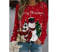 Women's Christmas Snowman Snowflake Print Crew Neck Long-Sleeve Sweatshirt | Holiday-themed printed pullover, soft upper-body shaping, for christmas party, festive shopping, home leisure