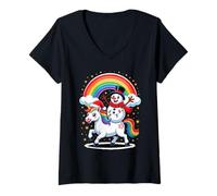 Womens Christmas Snowman Unicorn Rainbow Snow Figure V-Neck T-Shirt