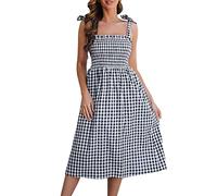 Women's Christmas Spaghetti Strap Dresses Sleeveless Checked Loose Adjustable Straps Gingham Dress Beach Midi Dress Wrap Dress, black, L