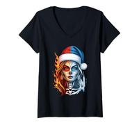 Womens Christmas Sugar Skull Art Woman Santa Hat Fantasy Style V-Neck T-Shirt