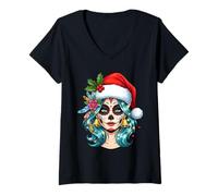 Womens Christmas Sugar Skull Art Woman Santa Hat Festive Design V-Neck T-Shirt