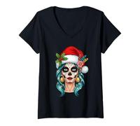 Womens Christmas Sugar Skull Art Woman Santa Hat Festive for Girls V-Neck T-Shirt
