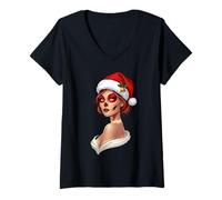 Womens Christmas Sugar Skull Art Woman Santa Hat Festive for Women V-Neck T-Shirt