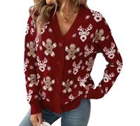 Women's Christmas Sweater Cardigan Y2k Long Sleeve V Neck Button Up Elk Gingerbread Man Print Knitwear Ugly Christmas Sweaters (Burgundy, S)