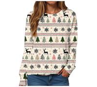 Womens Christmas Sweatshirt Christmas Print Long Sleeve Pullover Top Casual Loose Fit Blouse Holiday Xmas Hoodless Cozy Warm Lightweight Round Neck Tops For Winter Seasonal (Khaki-c, M)