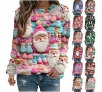 Womens Christmas Sweatshirt Clearance,Ladies Santa Claus Xmas Tree Snowman 3D Digital Printed Jumper Crewneck Ugly Long Sleeve Pullover Sweater Funny Blouse Winter Casual Going Out Jumpers Shirt S-5XL