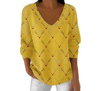 Womens Christmas Sweatshirt Cozy Pullover Blouse Women Long Sleeve Christmas Shirts Funny Xmas Tree Snowman Print Tops Button Down V Neck T Shirt Holiday Blouse for Outdoor Xmas Gifts (Yellow, L)
