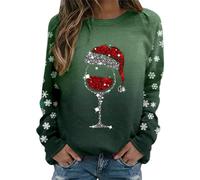 Women's Christmas Sweatshirt, Funny Print, Long Sleeve, Crew Neck, Sweatshirt, Large Size, Merry Christmas, Funny Casual Thermal Autumn and Winter Fashion Chic Wine Glass Pullover