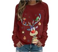 Womens Christmas Sweatshirt Jumpers Reindeer Print Long Sleeve Crew Neck Sweatshirt Novelty Funny Xmas Pullover Teen Girls Ladies Basic Cotton Tops Essentials Casual Outfits Sale Clearance Wine