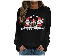 Womens Christmas Sweatshirt Merry Christmas Gnome Print Long Sleeve Pullover Top Casual Loose Fit Blouse Holiday Xmas Party Jumper Cozy Warm Lightweight Round Neck Tops For Winter Seasonal (Black, L)
