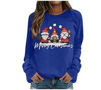 Womens Christmas Sweatshirt Merry Christmas Gnome Print Long Sleeve Pullover Top Casual Loose Fit Blouse Holiday Xmas Party Jumper Cozy Warm Lightweight Round Neck Tops For Winter Seasonal (Blue, L)